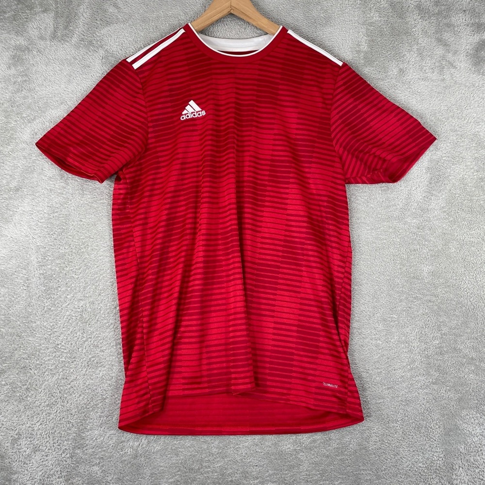 Adidas Soccer Jersey Mens Large Red Climalite Striped Training Activewear Shirt